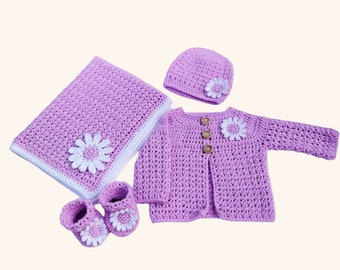 Set di abbigliamento per bambini fatto a mano all'uncinetto in margherita lilla, coperta, cardigan, cappello, stivaletti, regalo per baby shower, regalo per neonato