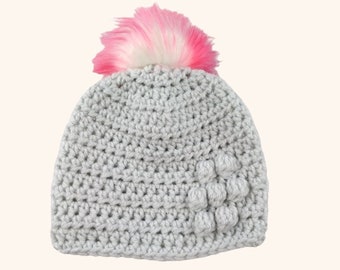 Baby Girl Crocheted Hat with Bobble Flower Pattern, Grey with Pink Detachable Faux Fur Pom Pom, 0-3 Months