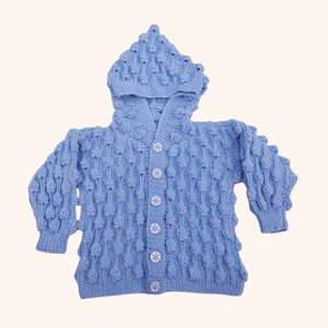 Knitted Baby Cardigan, Handmade Bobble Pattern, Blue Hooded Jacket, New Baby Gift, 6-12 Months image 1