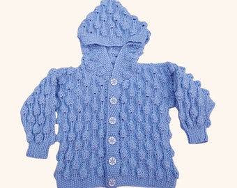 Knitted Baby Cardigan, Handmade Bobble Pattern, Blue Hooded Jacket, New Baby Gift, 6-12 Months