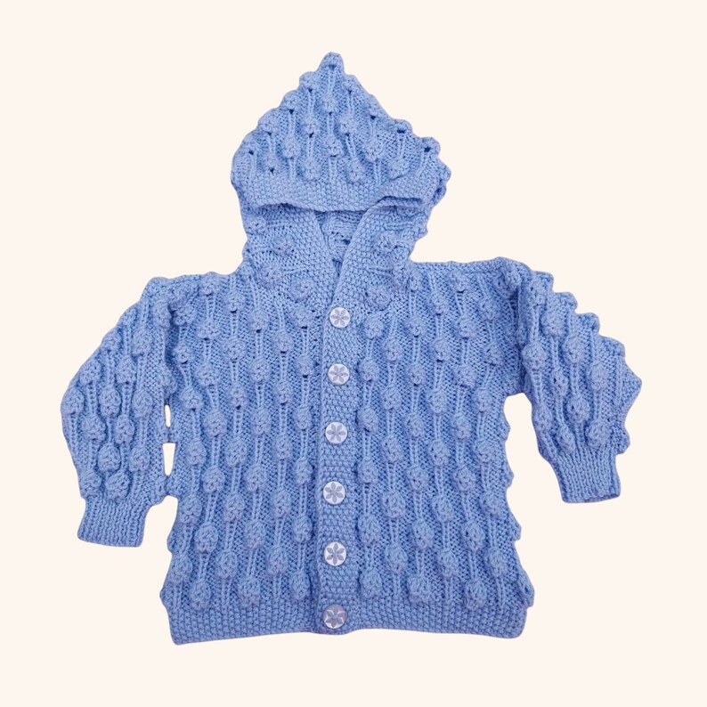 Knitted Baby Cardigan, Handmade Bobble Pattern, Blue Hooded Jacket, New Baby Gift, 6-12 Months image 1