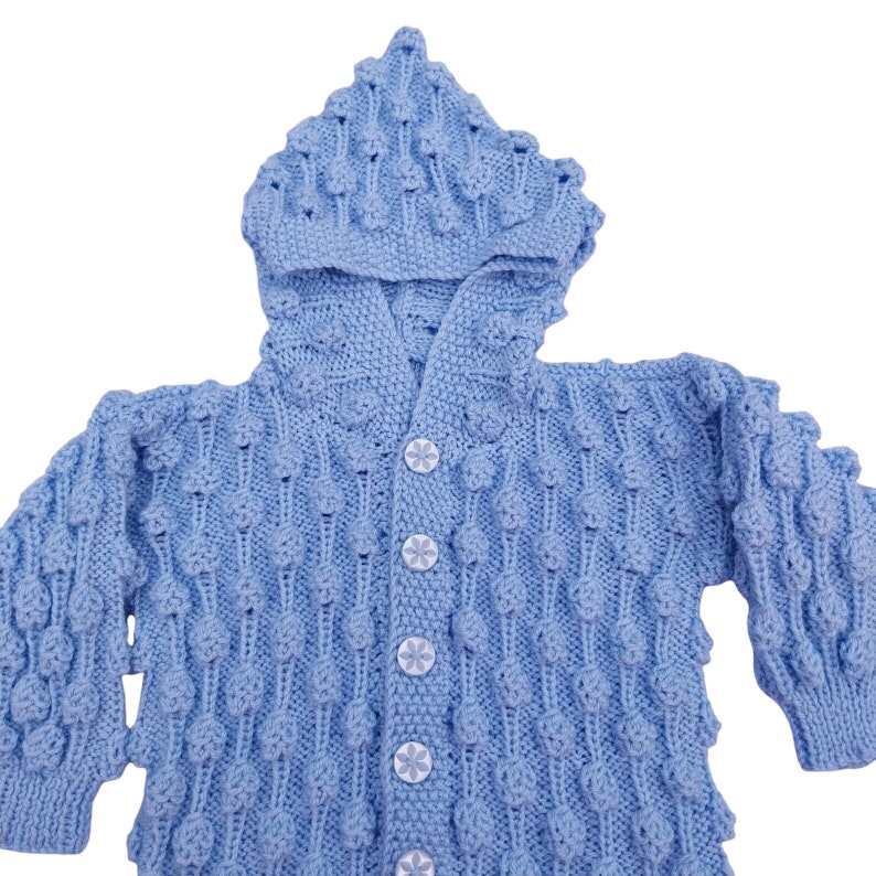 Knitted Baby Cardigan, Handmade Bobble Pattern, Blue Hooded Jacket, New Baby Gift, 6-12 Months image 9