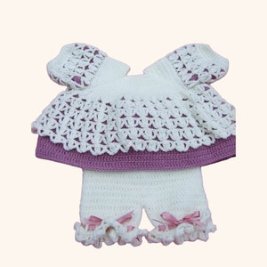 Crochet Baby Angel Top and Bloomer Shorts Set, Mauve and Cream, 0-3 Months, Handmade Gift, Newborn Photo Outfit image 1