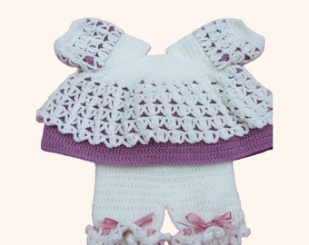 Baby Engel Top und Bloomer Shorts Set, 0-3 Monate gehäkelt, Mauve und Creme, Neugeborenes Foto Outfit