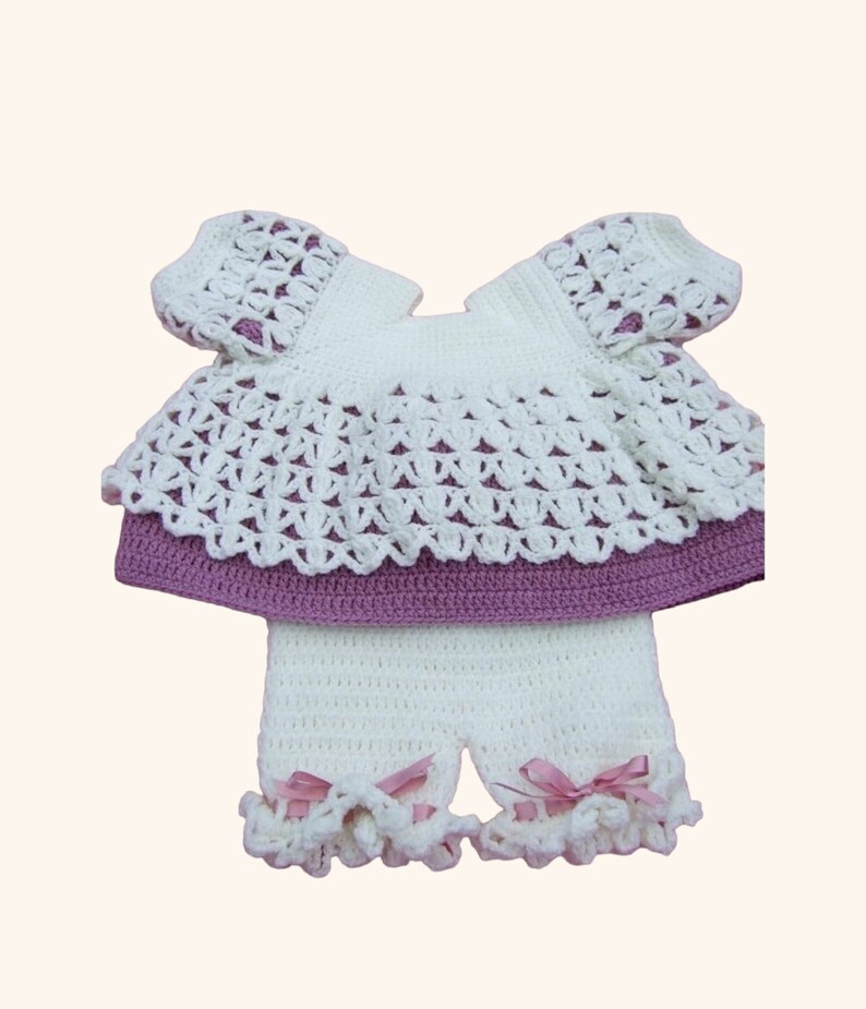 Crochet Baby Angel Top and Bloomer Shorts Set, Mauve and Cream, 0-3 Months, Handmade Gift, Newborn Photo Outfit image 1