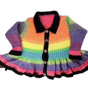 Hand Knitted Rainbow Girls Cardigan, Sparkly Peplum Jacket, 30&quot; Chest, Colourful Knitwear Gift