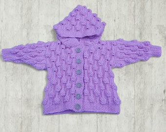 Baby Cardigan in Lilac with Hood, Hand Knitted Bobble Pattern, 0-6 Months, Knitted Baby Girl Clothes