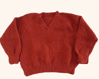 Gender Neutral Toddler Jumper, Hand Knitted Fox Brown V Neck Sweater, 2-4 Years, Warm Kids Clothes