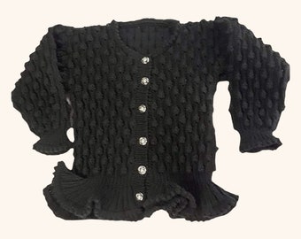 Girls hand knitted black peplum bobble patterned cardigan 24 inch chest