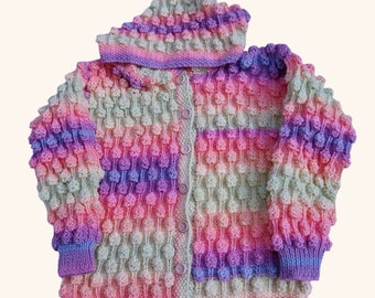 Hand Knitted Girls Cardigan 6-7 years, Multicoloured Bobble Pattern, Pastel Rainbow Hoodie, Children's Clothing