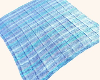 Blue Striped Baby Boy Blanket, Hand Knitted Pram/Cot Cover, Nursery Bedding, New Baby Gift