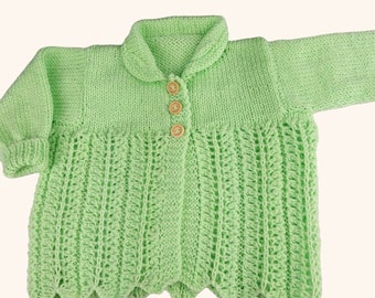 Baby Cardigan, Hand Knitted Light Green, 0-3 Months, Unisex, Feather and Fan Pattern, Baby Shower Gift