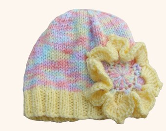 Hand Knitted Baby Hat, Flower Applique, Pastel Colours, 0-3 Months, Newborn Cap, Handmade Gift