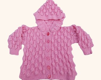 Pink Hand Knitted Baby Girl Cardigan, Bobble Pattern, Hooded, New Baby Gift, 6-12 Months, Baby Knitwear