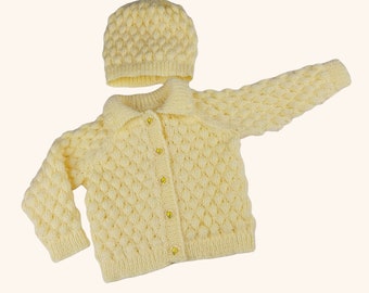 Hand Knitted Lemon Baby Cardigan and Hat, Bubble Stitch Pattern, Gender Neutral, Knitted Baby Clothes