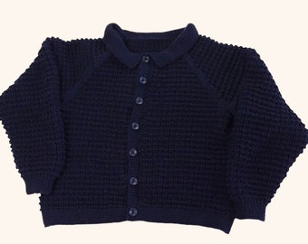 Children's Cardigan Dark Navy Blue, Hand Knitted Unisex Sweater, Textured Pattern, 5-6 Years