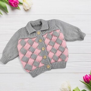 Hand Knitted Pink and Grey Baby Cardigan, Woven Entrelac Sweater, 3-6 Months