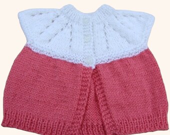 Baby Girl Sleeveless Cardigan, Hand Knitted Newborn Knitwear, White and Pink Baby Clothes