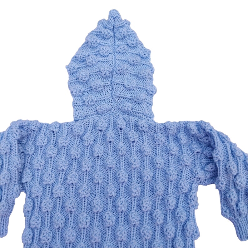 Knitted Baby Cardigan, Handmade Bobble Pattern, Blue Hooded Jacket, New Baby Gift, 6-12 Months image 6