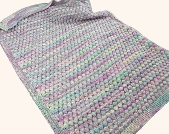 Multicoloured Hand Knitted Baby Blanket, Bubble Stitch, Lilac Pink Green, Newborn Gift, Nursery Bedding