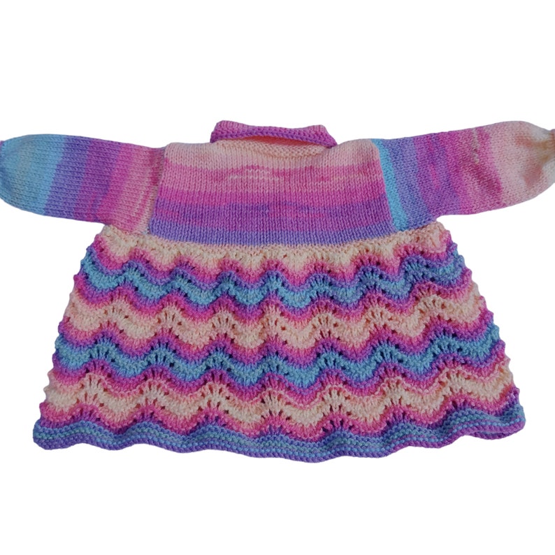 Baby Girl Cardigan 0-3 Months, Rainbow Hand Knitted Matinee Coat, Traditional Style Infant Knitwear image 7