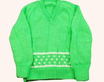 Children's Hand Knitted Jumper in Bright Green, Raglan Sleeves, 26 Chest, Winter Wear