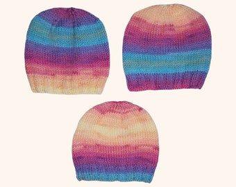 Baby Hat Girls Winter Beanie 0-3 Months, Hand Knitted, Multicoloured