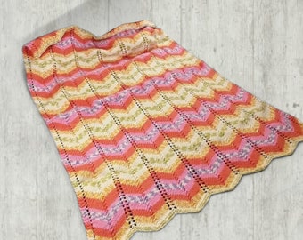 Orange, Pink and Yellow Hand Knitted Baby Blanket, Chevron Pattern, Crib Blanket, Pram Cover, Baby Shower Gift