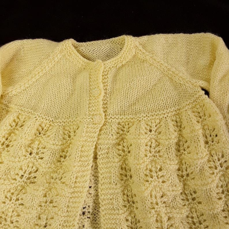 Hand knitted baby cardigan bonnet booties and mittens set 6-12 months knitted baby clothes matinee set in lemon