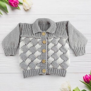 Hand Knitted Baby Cardigan, Grey White Entrelac Knit, Basket Weave Sweater, 3-6 Months