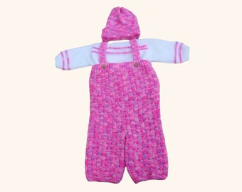 Baby Girl Knitted Jumper, Dungarees, Hat Set, Pink Purple Mix, White, Handmade Newborn Gift