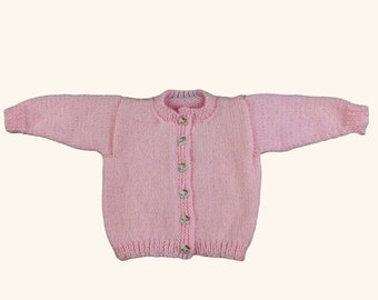 Baby Girl Pink Knit Cardigan, Hand Knitted, Cat Face Buttons, 0-3 Months, New Baby Gift