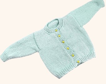 Hand Knitted Duck Egg Blue Baby Cardigan, Gender-Neutral 0-3 Months, Newborn Knitwear, Baby Shower Gift