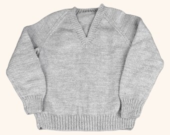 Light Grey V Neck Jumper for Kids, Hand Knitted, 5-6 Years, Classic Style, Gender Neutral