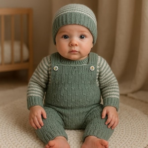Ensemble gris et blanc tricoté à la main, salopette, pull et bonnet 0-3 mois