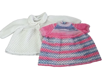 Abito da bambino rosa e blu scintillante lavorato a mano, cardigan bianco, maglieria 3-6 mesi, regalo di vestiti per bambina