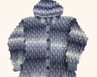 Children's Hooded Cardigan, Hand Knitted Grey & White Ombre, Bobble Pattern, Unisex Age 6-7, Jacket with Hood