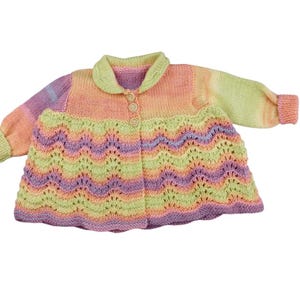 Hand Knitted Baby Cardigan, Pastel Rainbow Matinee Coat, Vintage Style, 0–3 Months