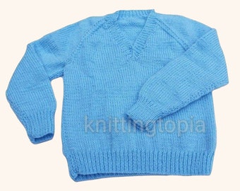 Hand Knitted Blue V Neck Jumper, Boys Sweater, Girls Pullover, 3-4 Years, 24" Chest