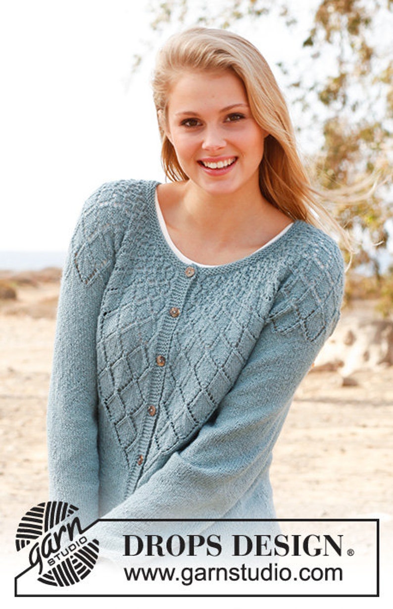 lace knits summer knits knitted ladies clothes Hand knitted ladies lightweight cardigan with diamond lace patterned yoke