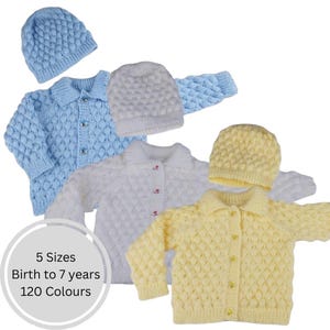 Hand-Knitted Baby Cardigan & Hat Set: Custom Colours, Unisex Gift