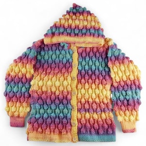 Hand Knitted Rainbow Hooded Cardigan 6–7 Years, Colourful Children’s Knitwear, Bobble Stitch Hoodie