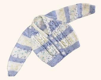 Baby Cardigan Hand Knitted, V Neck Boys Sweater, Blue Cream Knitwear, Newborn Gift, Baby Shower