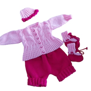 Hand Knitted Pink Baby Outfit: Cardigan, Shorts, Hat & Booties - 0-3 Months