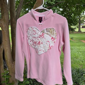 Upcycled Sweatshirt | Vintage Quilt Heart Patch, Slow Fashion