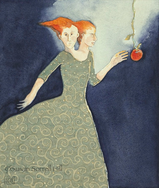Of Two Minds ~ original indecision two heads watercolor painting by Susan Sorrell Hill