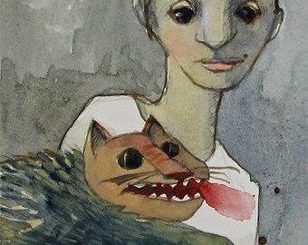 Celos ~ pintura original de acuarela de gato enojado de mujer celosa de Susan Sorrell Hill