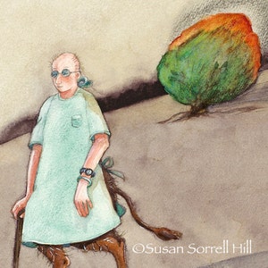May include: A watercolor painting of a person with a bald head wearing a light blue gown and glasses. The person has a long, brown tail and is holding a cane. The person is walking past a green bush with orange highlights. The painting is signed "Susan Sorrell Hill".