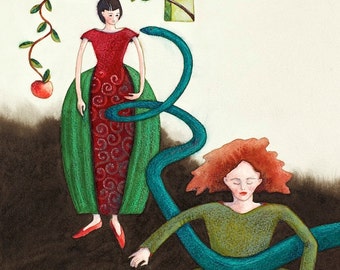 The Apple and the Snake ~ original Eve and the Snake temptation watercolor painting by Susan Sorrell Hill