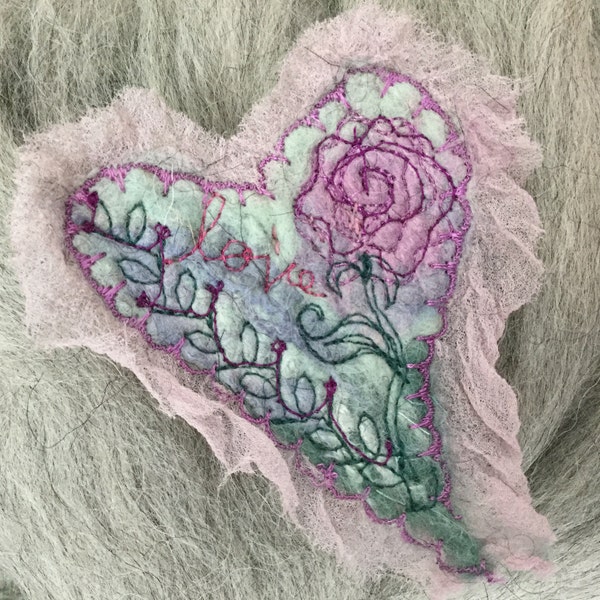 Felted Embroidered Valentines Heart Pin, Hand dyed wool and silk,